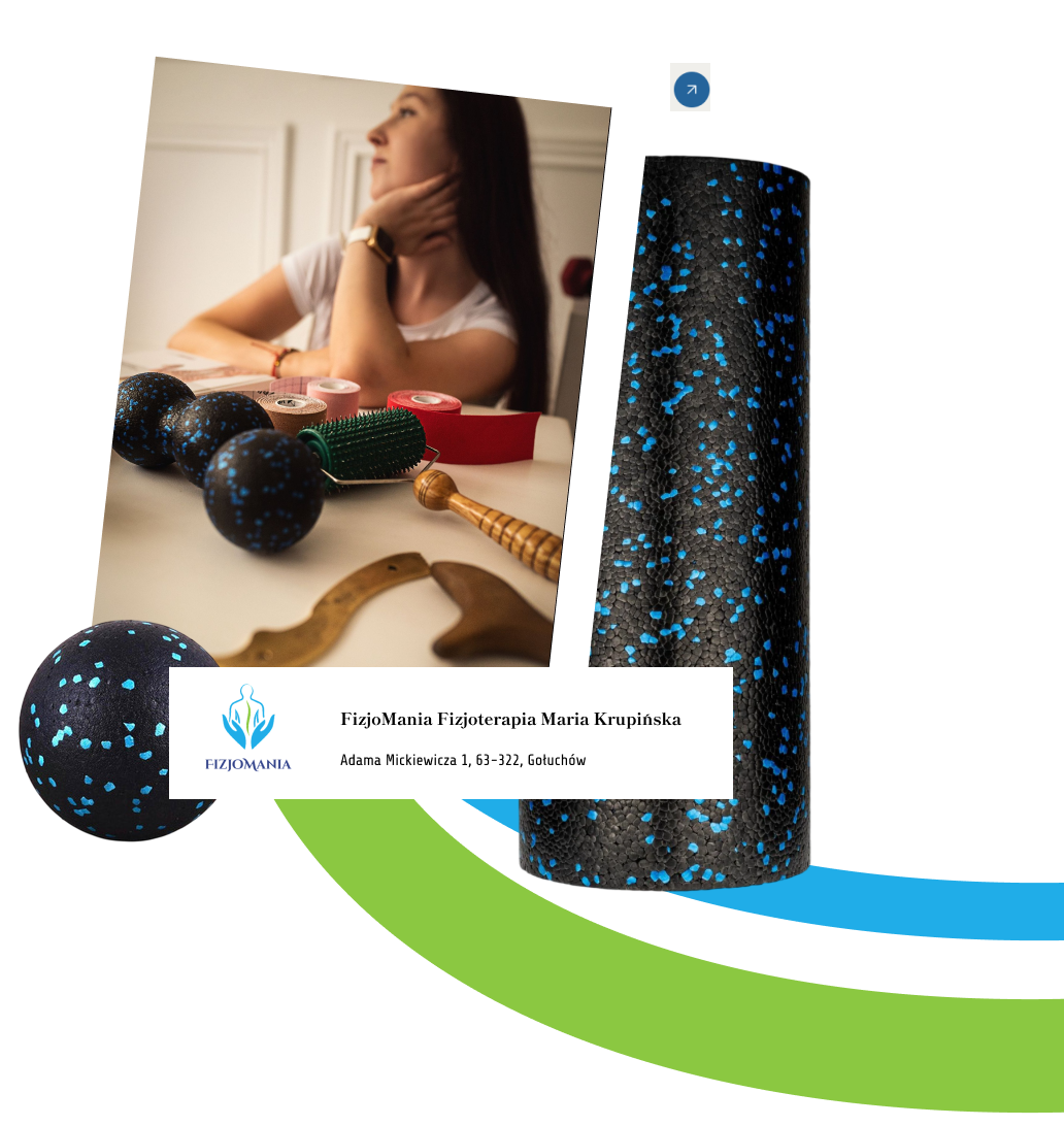 Rollery i piłki do masażu wykorzystywane w fizjoterapii, adres i nazwa firmy na srodku
